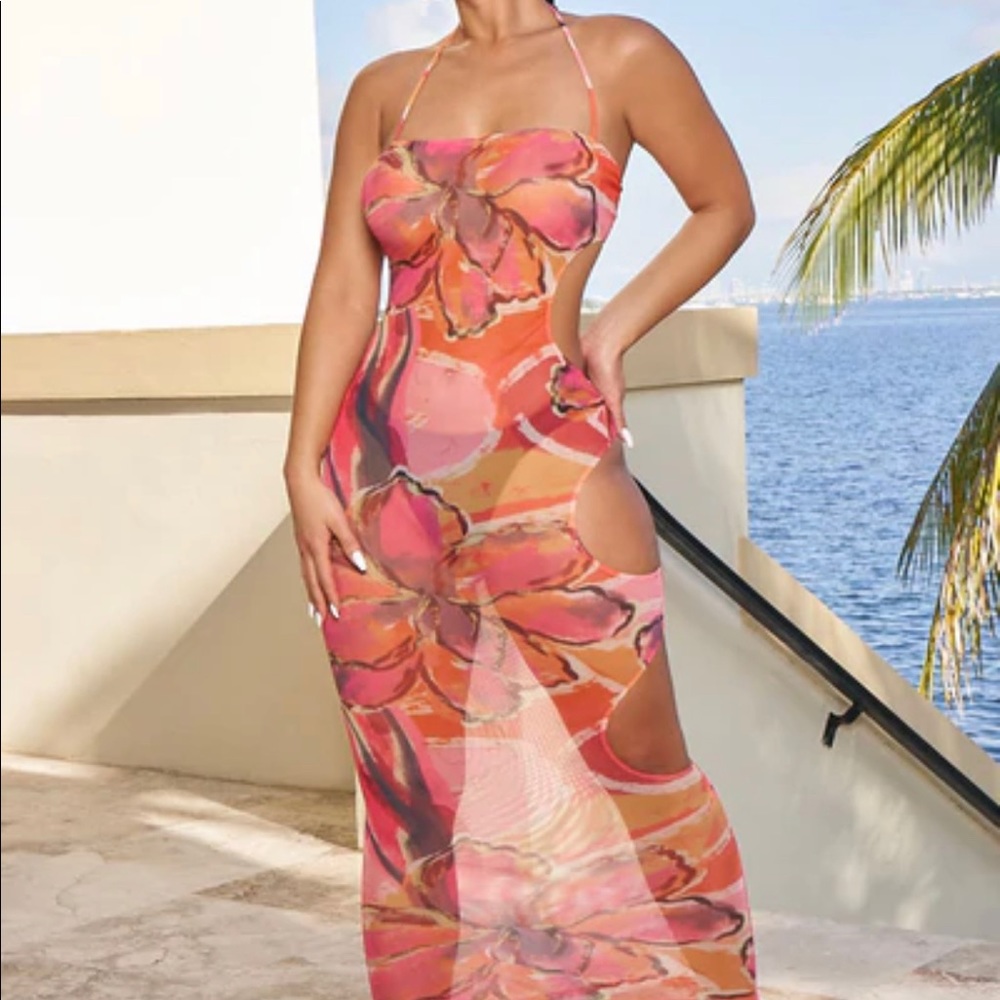 Bodied coverup dress-pink floral print